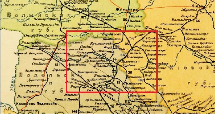 Фрагмент карти вузькоколійних залізниць, 1914р. (виділення Калинівка Сіty)