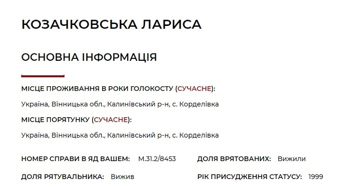 Інформація про Праведницю народів світу Ларису Козачківську