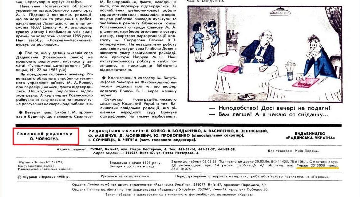 Головний редактор "Перця" -  Олег Чорногуз. Тираж журналу - більше 2,3 млн. екземплярів