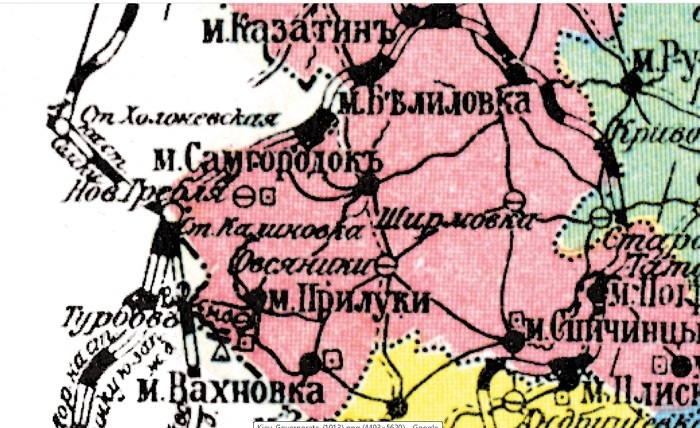 Частина теперішньої Калинівщини на карті Київської губернії. Калинівка розташована на адміністративному кордоні.